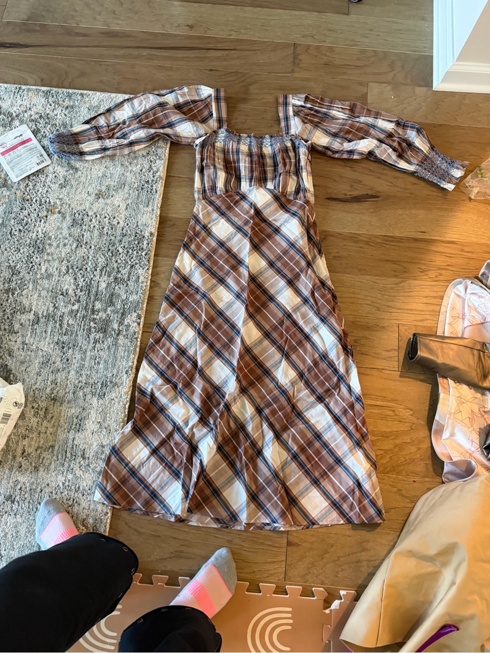 Plaid Off-Shoulder Midi Dress in Brown and Cream